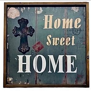 Farmhouse Distressed Blue Postage Stamp Cross Home Sweet Home Sign Wall Decor